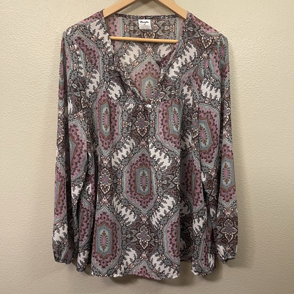 Wrangler Peasant Boho Top Paisley Style Long Sleeve Chiffon Western Sz XL